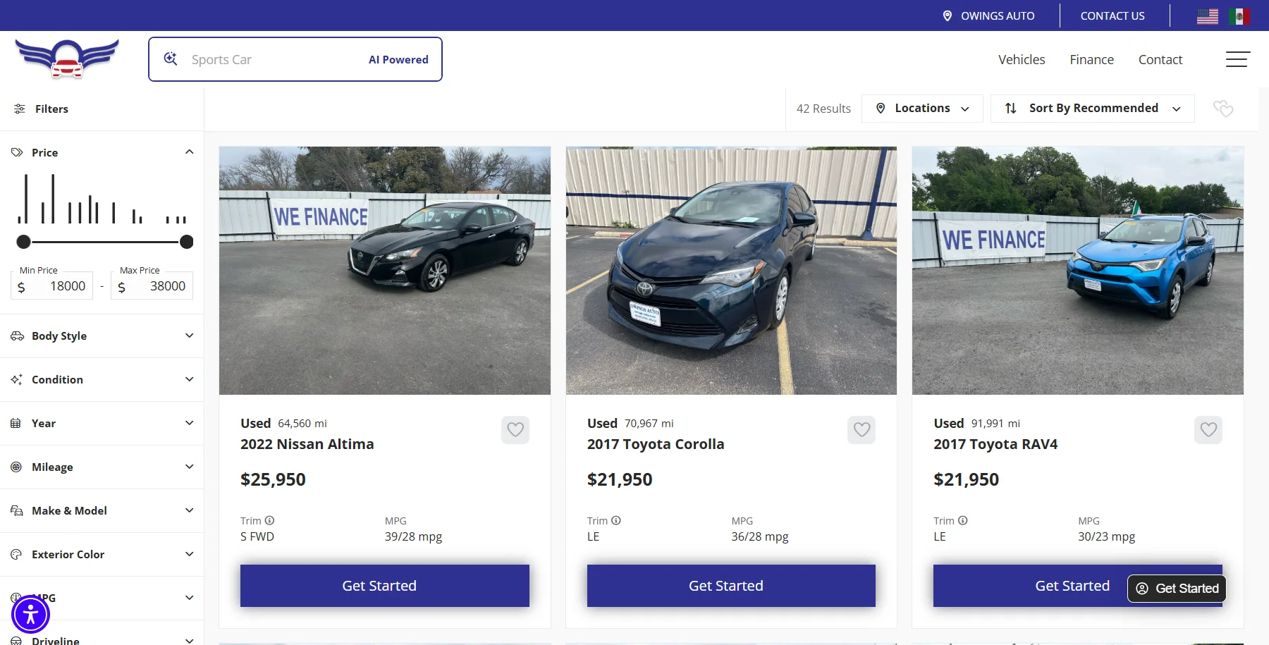 Used car inventory on the Owings Auto website in Fort Worth